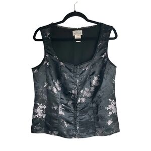 VTG Fashion Bug Black Satin Floral Brocade Corset Style Top Hook Front Goth Y2K